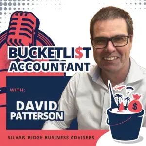 David Patterson, host of The Bucket List Accountant podcast, smiling beside the show logo featuring a microphone and financial graphics — an example of successful thought leadership through podcasting.